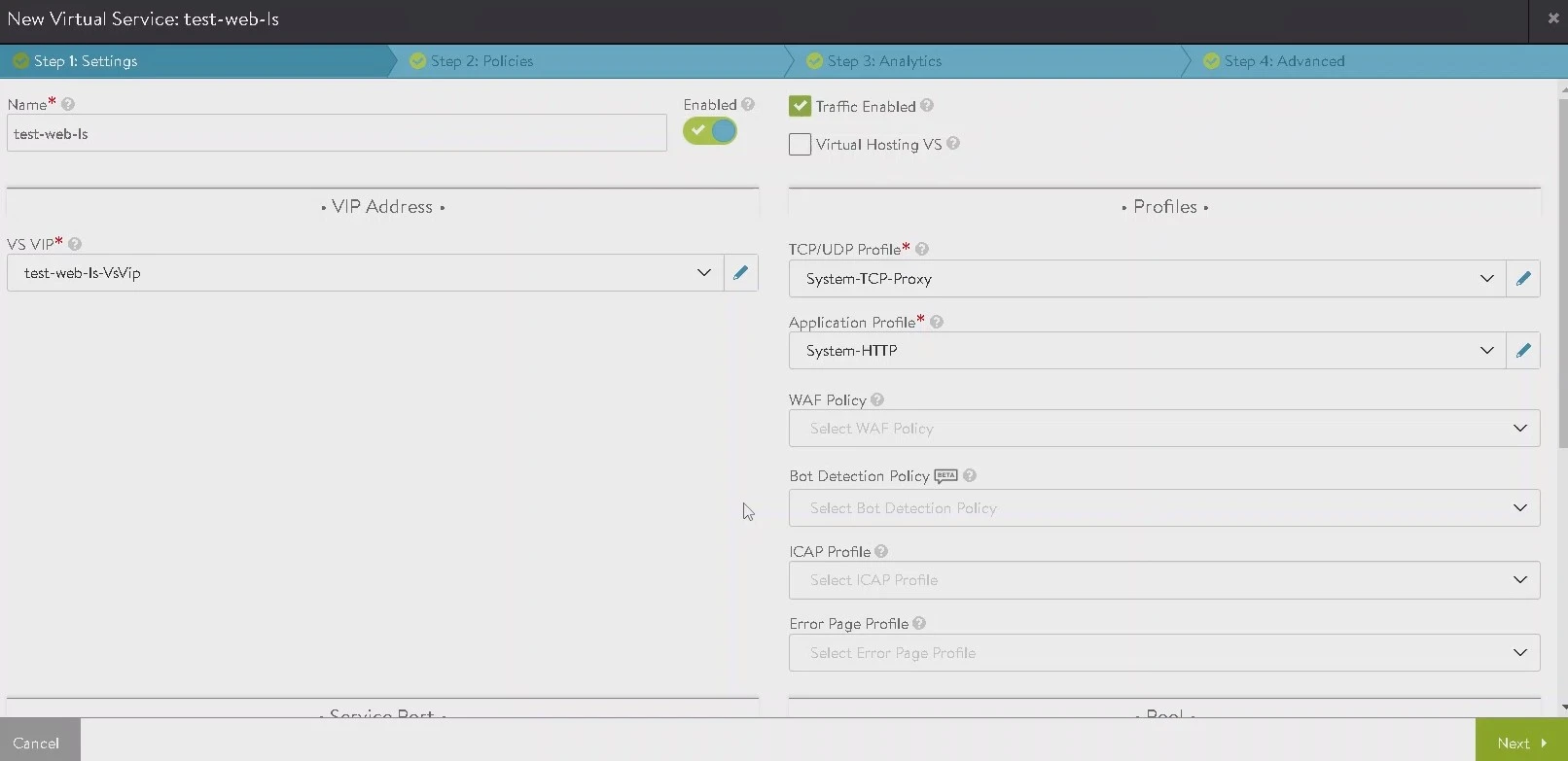 VMware NSX ALB Virtual Service Oluşturma Adım 1: Settings -> VS VIP ...